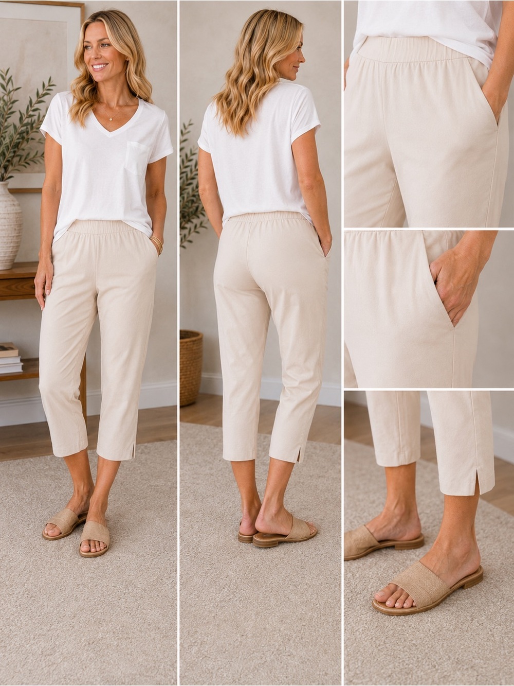 Rachel Zoe Cream  cropped Ankle Pants Pull On Stretch Side Pockets